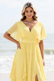 Daffodil A Line Chiffon V Neck Long Bridesmaid Dress with Sleeves