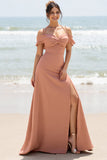 Sunset Sheath Cold Shoulder Long Bridesmaid Dress with Slit