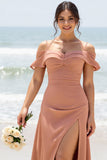 Sunset Sheath Cold Shoulder Long Bridesmaid Dress with Slit