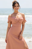 Sunset Sheath Cold Shoulder Long Bridesmaid Dress with Slit