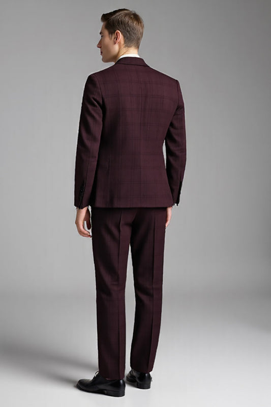 Burgundy 3 Piece Plaid Notched Lapel Slim Fit Men's Suits