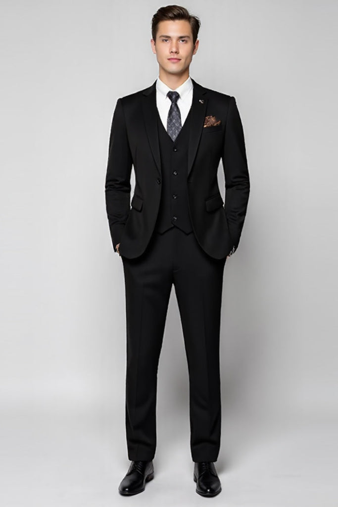 Black Three Piece Notched Lapel Business Suit for Men main image 1
