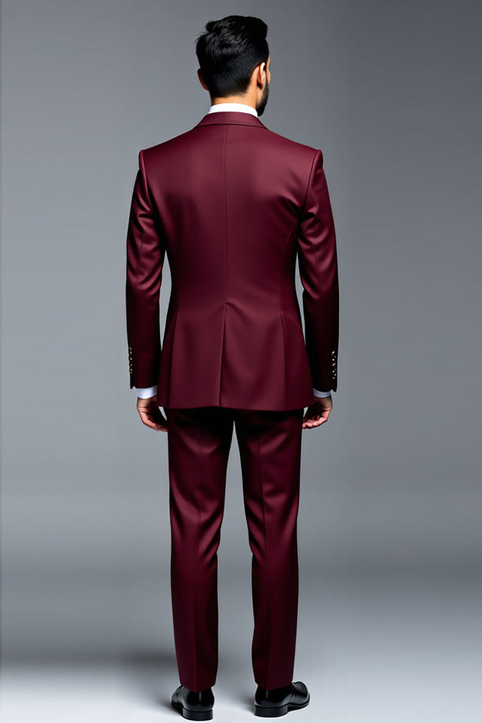 Burgundy Peak Lapel 3 Piece Men's Prom Suits