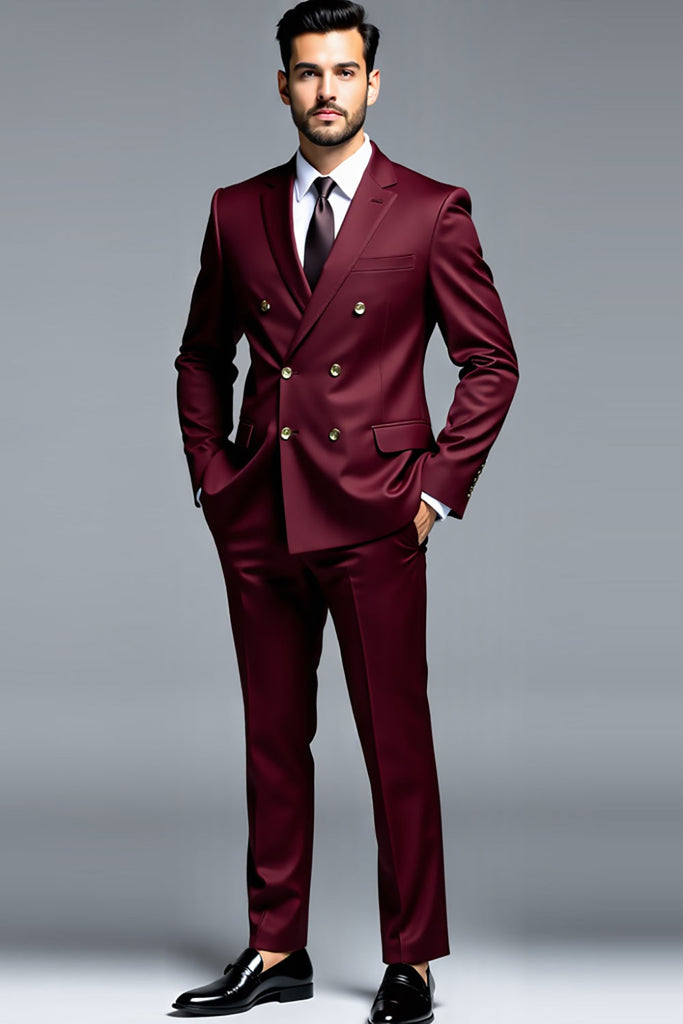 Burgundy Prom Suit for Boys with Peak Lapel and Buckle Button - 2 Piece main image 1