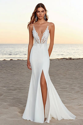 Ivory Sweep Train Deep V-Neck Mermaid Wedding Dress with Slit