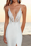 Ivory Sweep Train Deep V-Neck Mermaid Wedding Dress with Slit