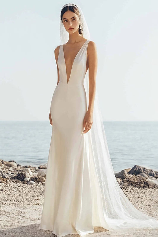 Simple Ivory Sweep Train Deep V Neck Boho Wedding Dress