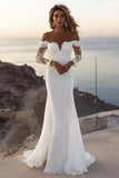 Ivory Sweep Train Mermaid Appliques Wedding Dress with Lace Sleeves