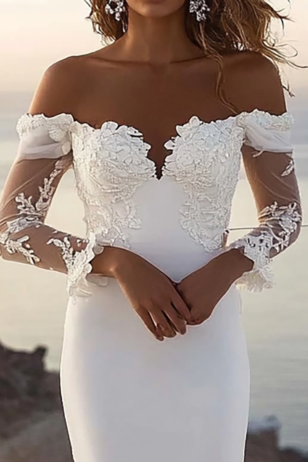 Ivory Sweep Train Mermaid Appliques Wedding Dress with Lace Sleeves