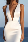 Ivory Satin Deep V Neck Mermaid Sweep Train Wedding Dress