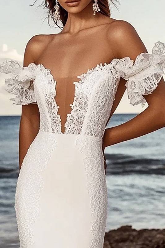 Off the Shoulder Ivory Satin Sweep Train Wedding Dress with Lace