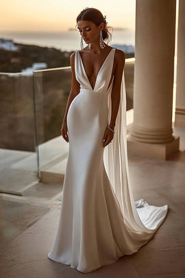 Zapakasa Women Simple Ivory Satin Mermaid Wedding Dress V Neck Streamer Sleeveless Watteau Train Bridal Dress Zapakasa Women Simple Ivory Satin Mermaid Wedding Dress V Neck Streamer Sleeveless Watteau Train Bridal Dress