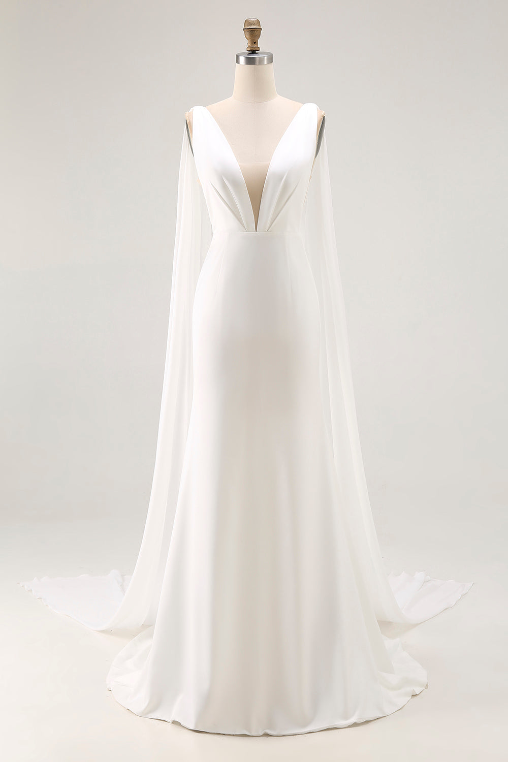 Simple Ivory Satin Mermaid V Neck Watteau Train Wedding Dress with Cape