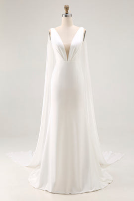 Simple Ivory Satin Mermaid V Neck Watteau Train Wedding Dress with Cape
