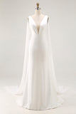Simple Ivory Satin Mermaid V Neck Watteau Train Wedding Dress with Cape