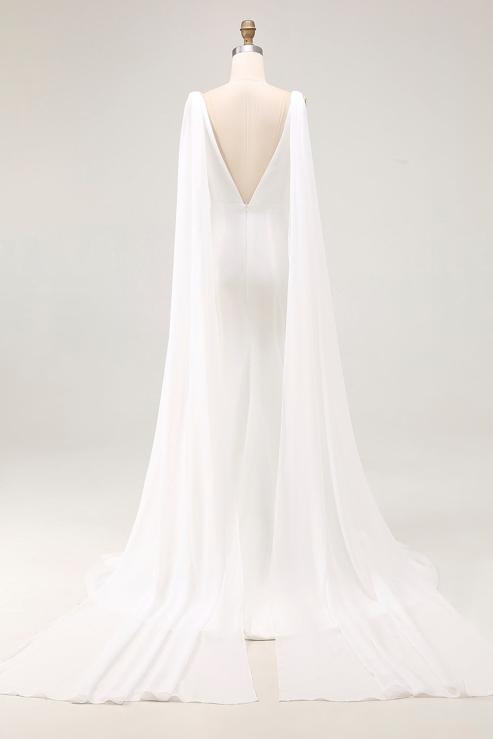 Simple Ivory Satin Mermaid V Neck Watteau Train Wedding Dress with Cape