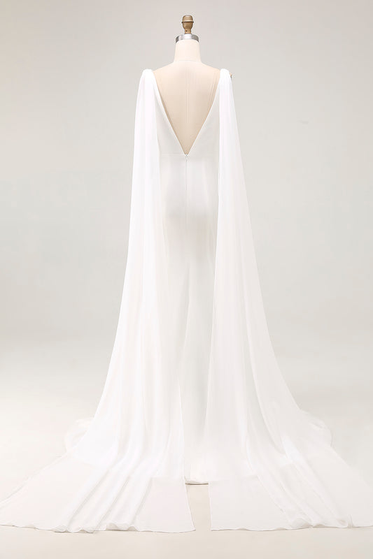 Simple Ivory Satin Mermaid V Neck Watteau Train Wedding Dress with Cape