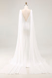 Simple Ivory Satin Mermaid V Neck Watteau Train Wedding Dress with Cape