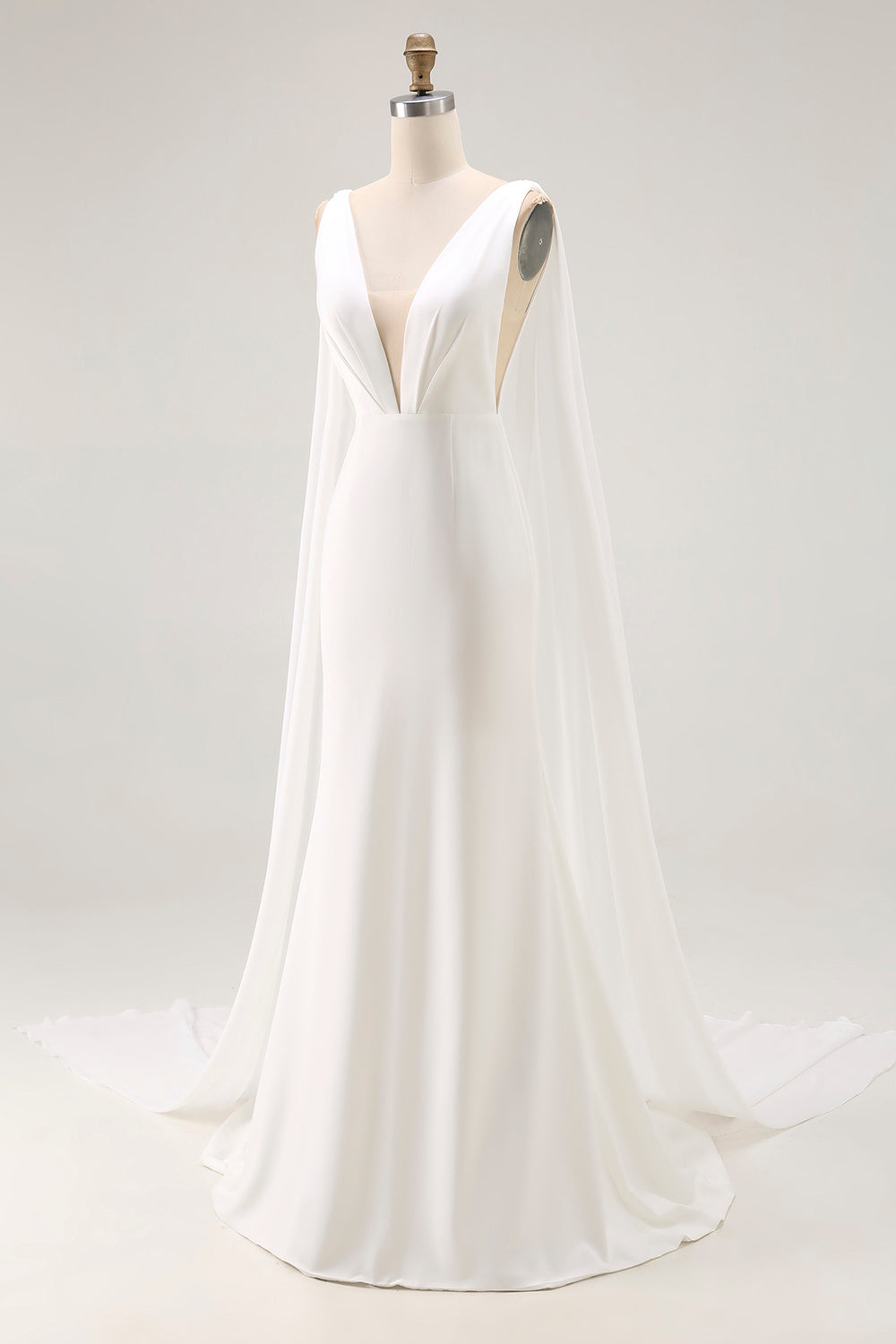 Simple Ivory Satin Mermaid V Neck Watteau Train Wedding Dress with Cape