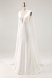Simple Ivory Satin Mermaid V Neck Watteau Train Wedding Dress with Cape