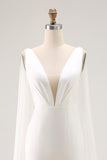Simple Ivory Satin Mermaid V Neck Watteau Train Wedding Dress with Cape
