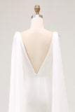 Simple Ivory Satin Mermaid V Neck Watteau Train Wedding Dress with Cape