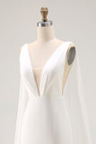 Simple Ivory Satin Mermaid V Neck Watteau Train Wedding Dress with Cape