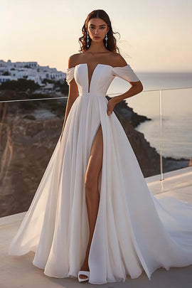 Ivory A Line Off the Shoulder Sweep Train Wedding Dress with Slit