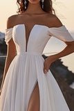 Ivory A Line Off the Shoulder Sweep Train Wedding Dress with Slit
