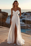 Ivory Chiffon A Line Strapless Sweep Train Wedding Dress with Slit
