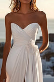 Ivory Chiffon A Line Strapless Sweep Train Wedding Dress with Slit