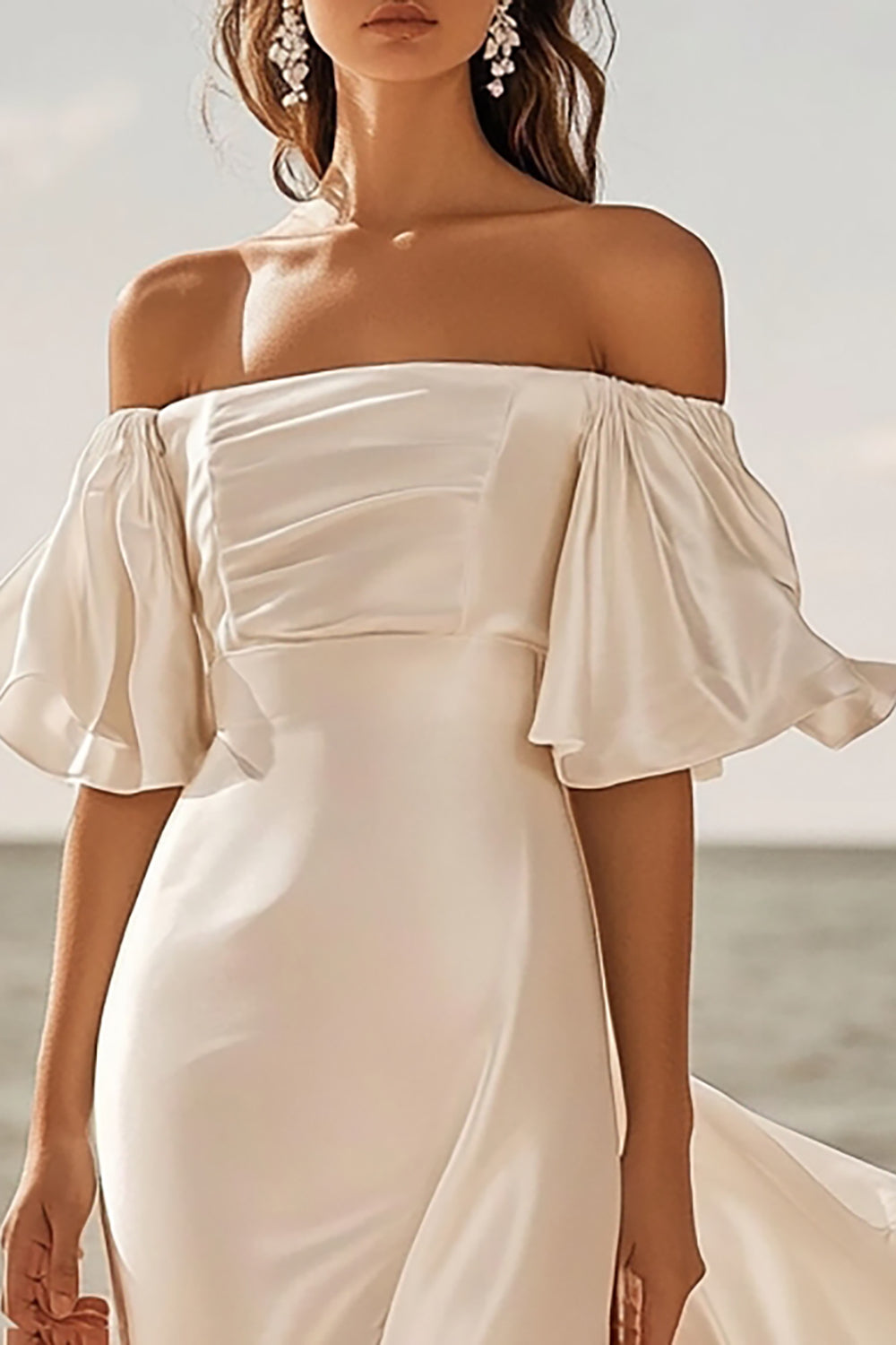Ivory Satin Sweep Train Square Neck Boho Wedding Dress
