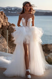 Ivory Tulle A Line Strapless High-Low Wedding Dress with Ruffles