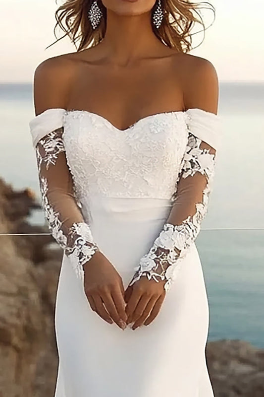 Ivory Chiffon Sweep Train Mermaid Wedding Dress with Lace Sleeves