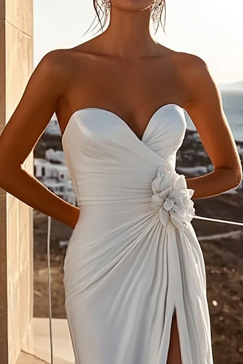 Ivory Sweep Train Sweetheart Floral Boho Wedding Dress with Slit