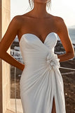 Ivory Sweep Train Sweetheart Floral Boho Wedding Dress with Slit
