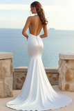 Simple Ivory Satin Mermaid Halter Neck Sweep Train Wedding Dress