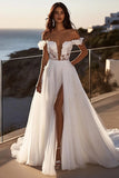 Ivory Sweep Train Ball Gown Off the Shoulder Wedding Dress with slit
