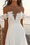 Ivory Chiffon Sweep Train A Line Long Wedding Dress with Flowers