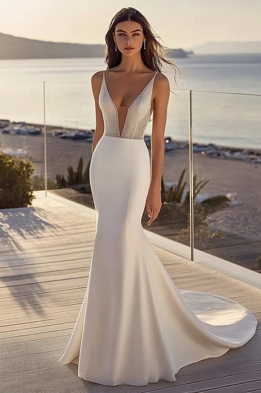 Mermaid Ivory Satin Sweep Train V Neck Long Wedding Dress