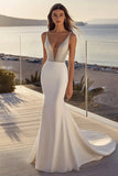 Mermaid Ivory Satin Sweep Train V Neck Long Wedding Dress
