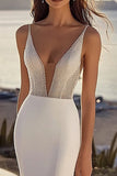 Mermaid Ivory Satin Sweep Train V Neck Long Wedding Dress