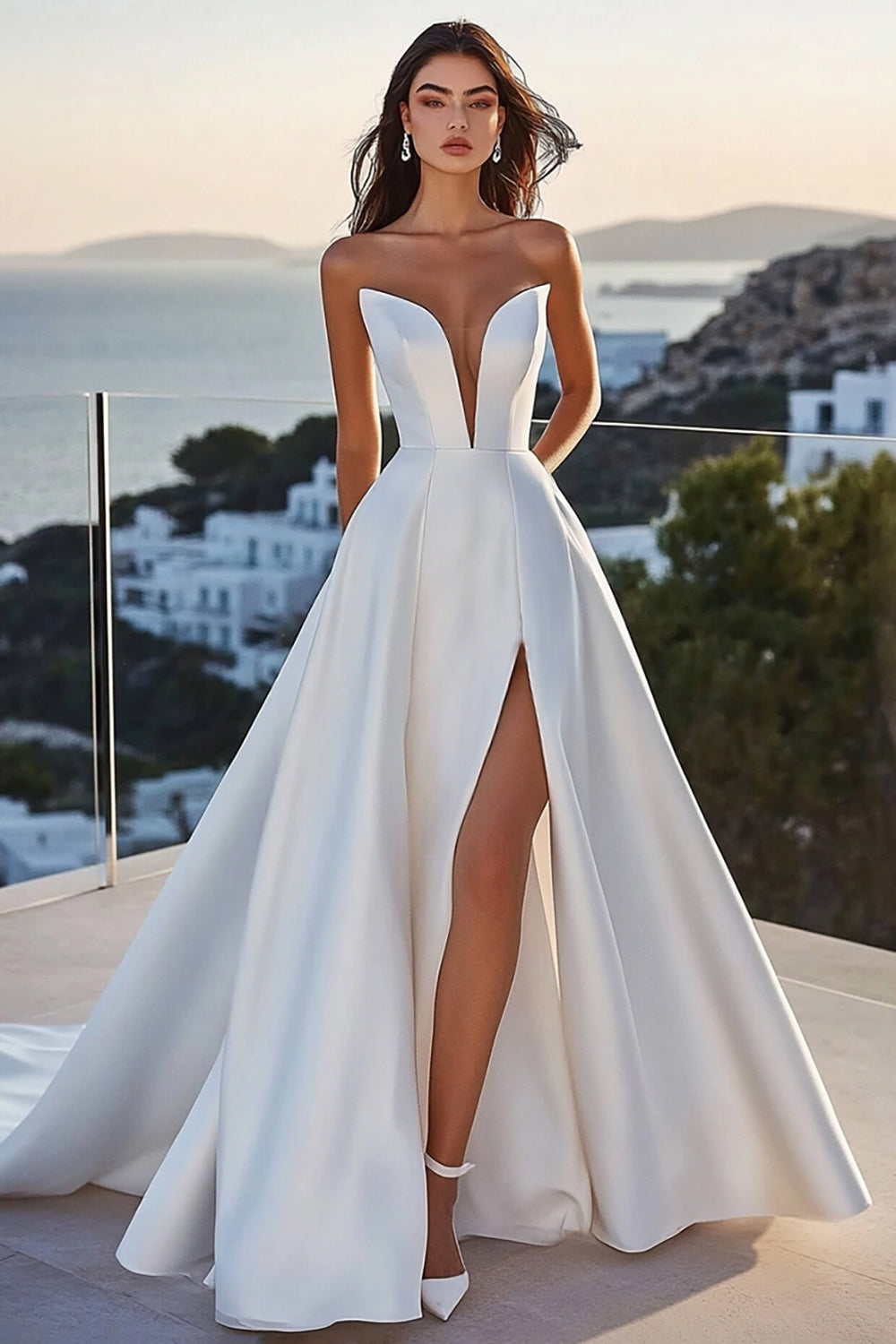 Ivory Satin Ball Gown Strapless Sweep Train Wedding Dress with Slit