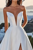 Ivory Satin Ball Gown Strapless Sweep Train Wedding Dress with Slit