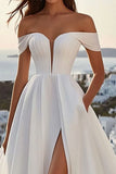 A Line Simple Ivory Sweep Train Off the Shoulder Wedding Dress with Slit
