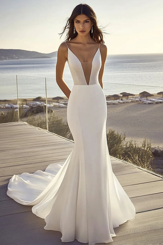 Simple Ivory Mermaid Deep V-Neck Sweep Train Wedding Dress
