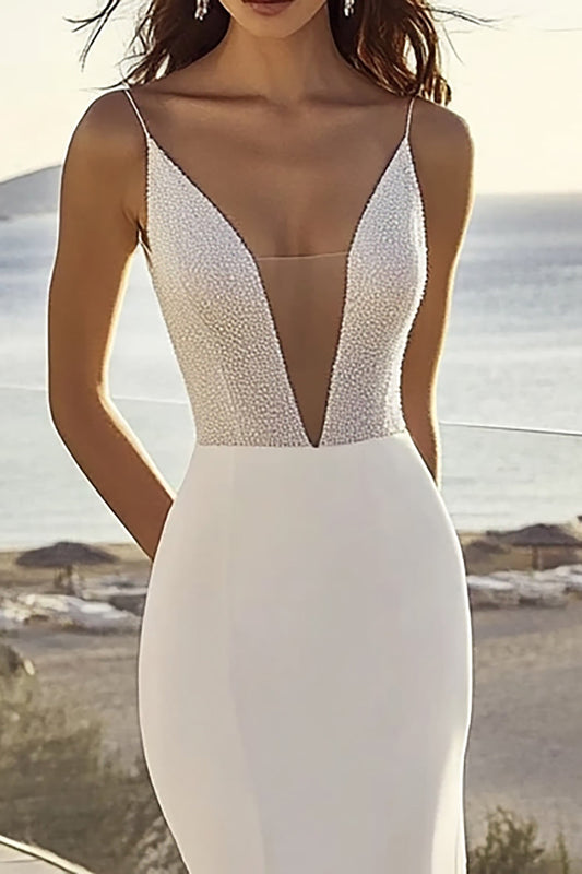 Simple Ivory Mermaid Deep V-Neck Sweep Train Wedding Dress