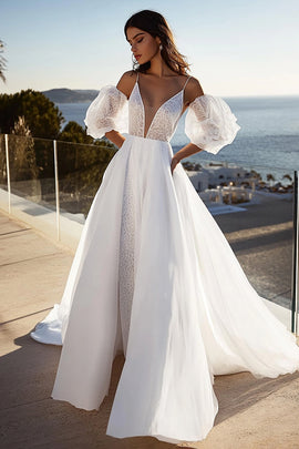 Ivory A Line V-Neck Long Wedding Dress with Puff Sleeves
