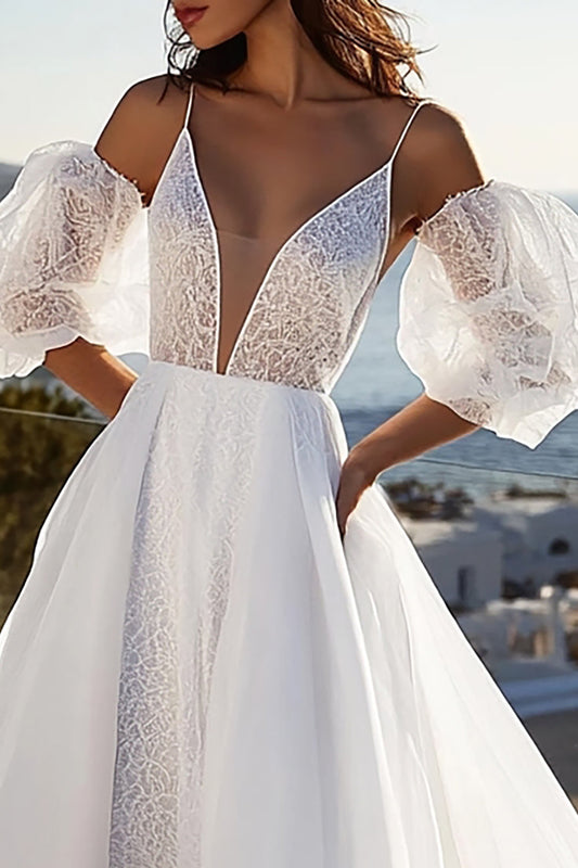 Ivory A Line V-Neck Long Wedding Dress with Puff Sleeves