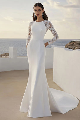 Ivory Satin Boat Neck Sweep Train Wedding Dress with Lace